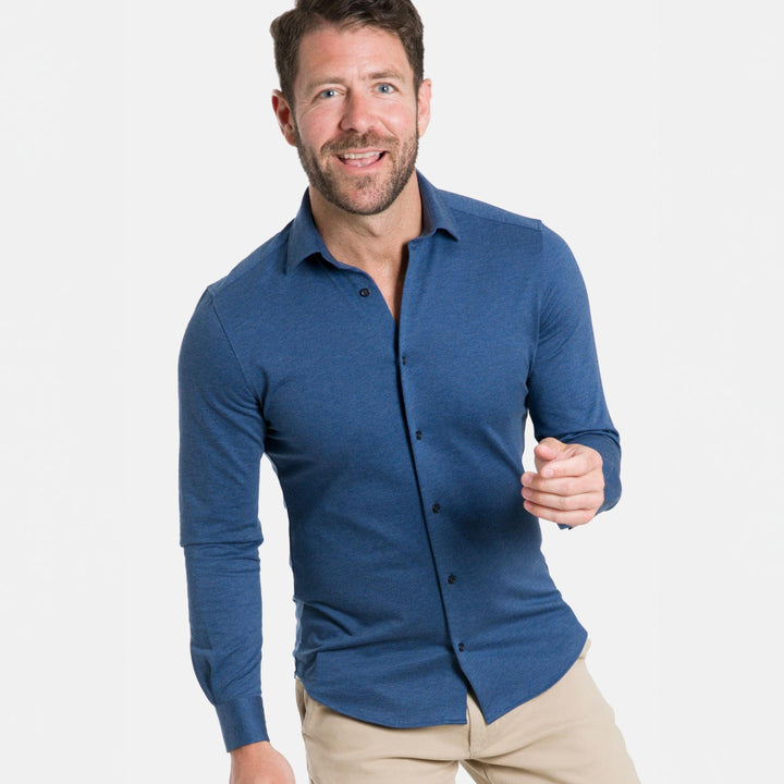 Ash & Erie Indigo Melange  Performance Stretch Shirt for Short Men   Everyday Shirts