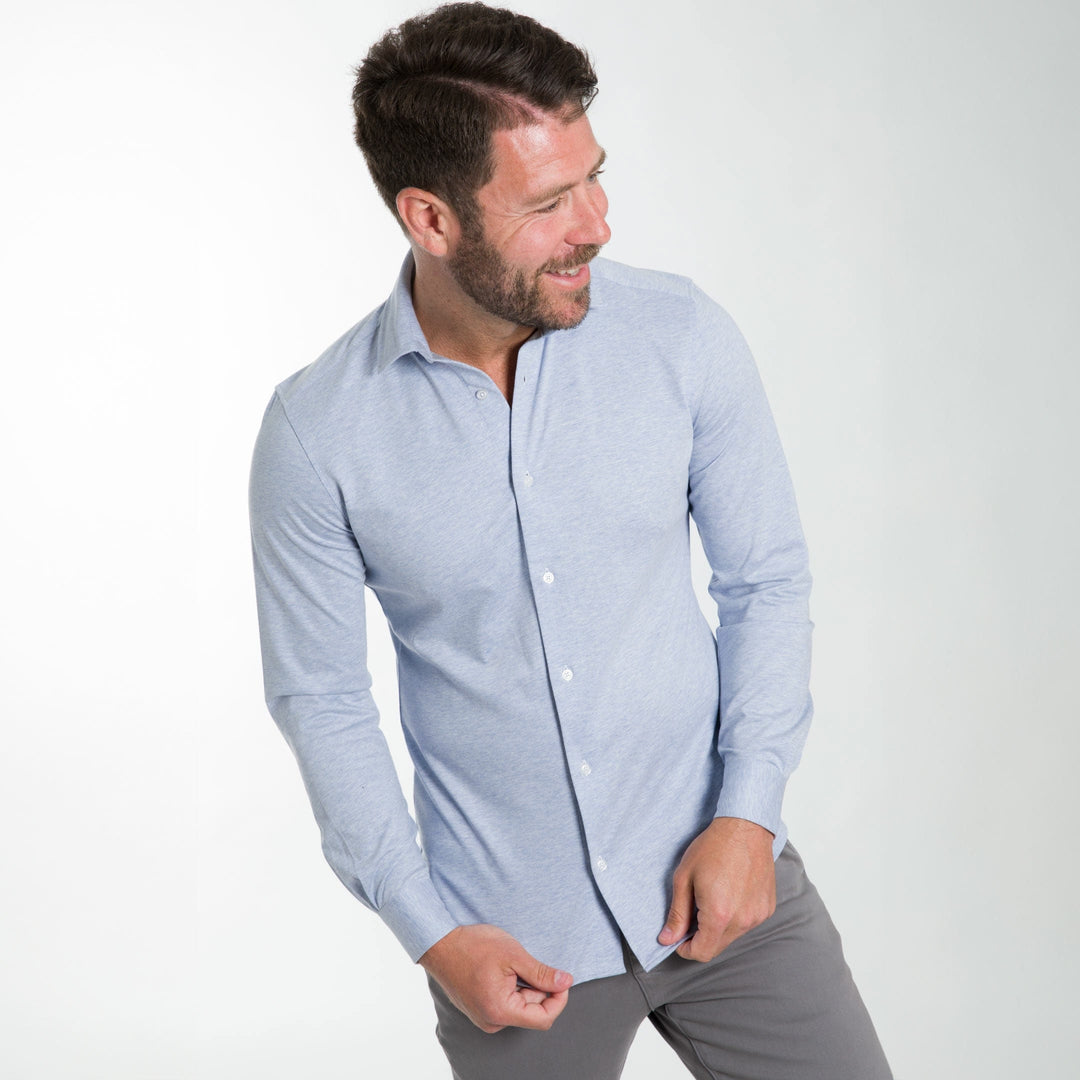 Ash & Erie Light Blue Melange Performance Stretch Shirt for Short Men   Everyday Shirts