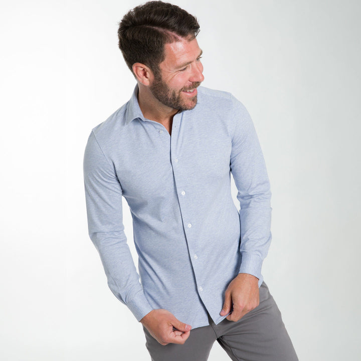 Ash & Erie Light Blue Melange Performance Stretch Shirt for Short Men   Everyday Shirts