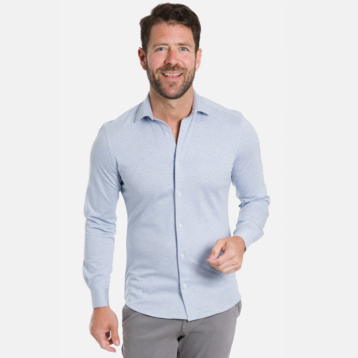 Ash & Erie Light Blue Melange Performance Stretch Shirt for Short Men   Everyday Shirts