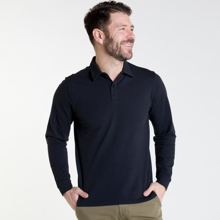 Buy Black Pique Long Sleeve Polo Shirt for Short Men | Ash & Erie   Long Sleeve Polos