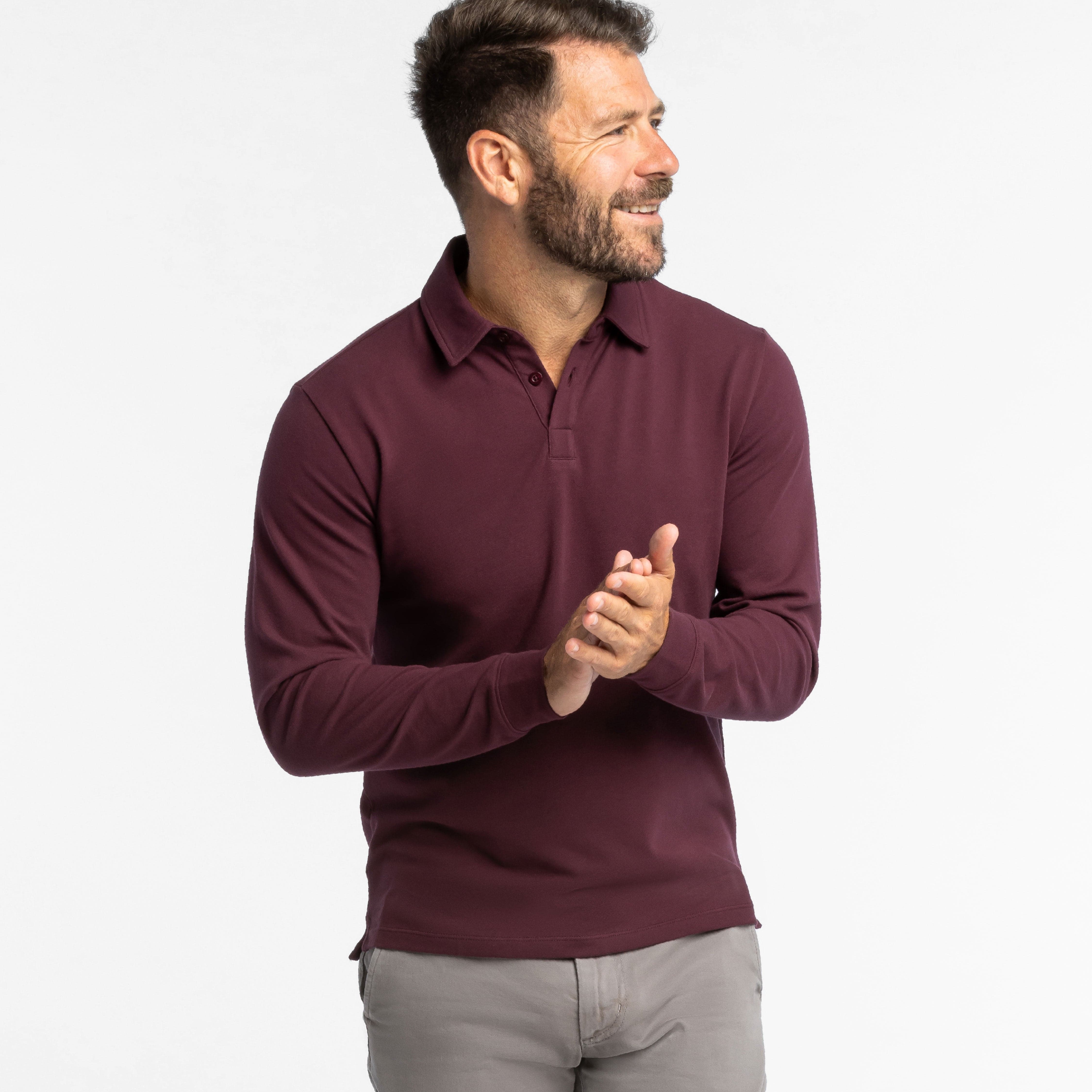 Buy Burgundy Pique Long Sleeve Polo Shirt for Short Men | Ash & Erie Burgundy / S Buy Burgundy Pique Long Sleeve Polo Shirt for Short Men | Ash & Erie Burgundy / S