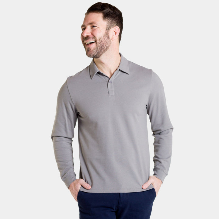 Buy Grey Pique Long Sleeve Polo Shirt for Short Men | Ash & Erie   Long Sleeve Polos