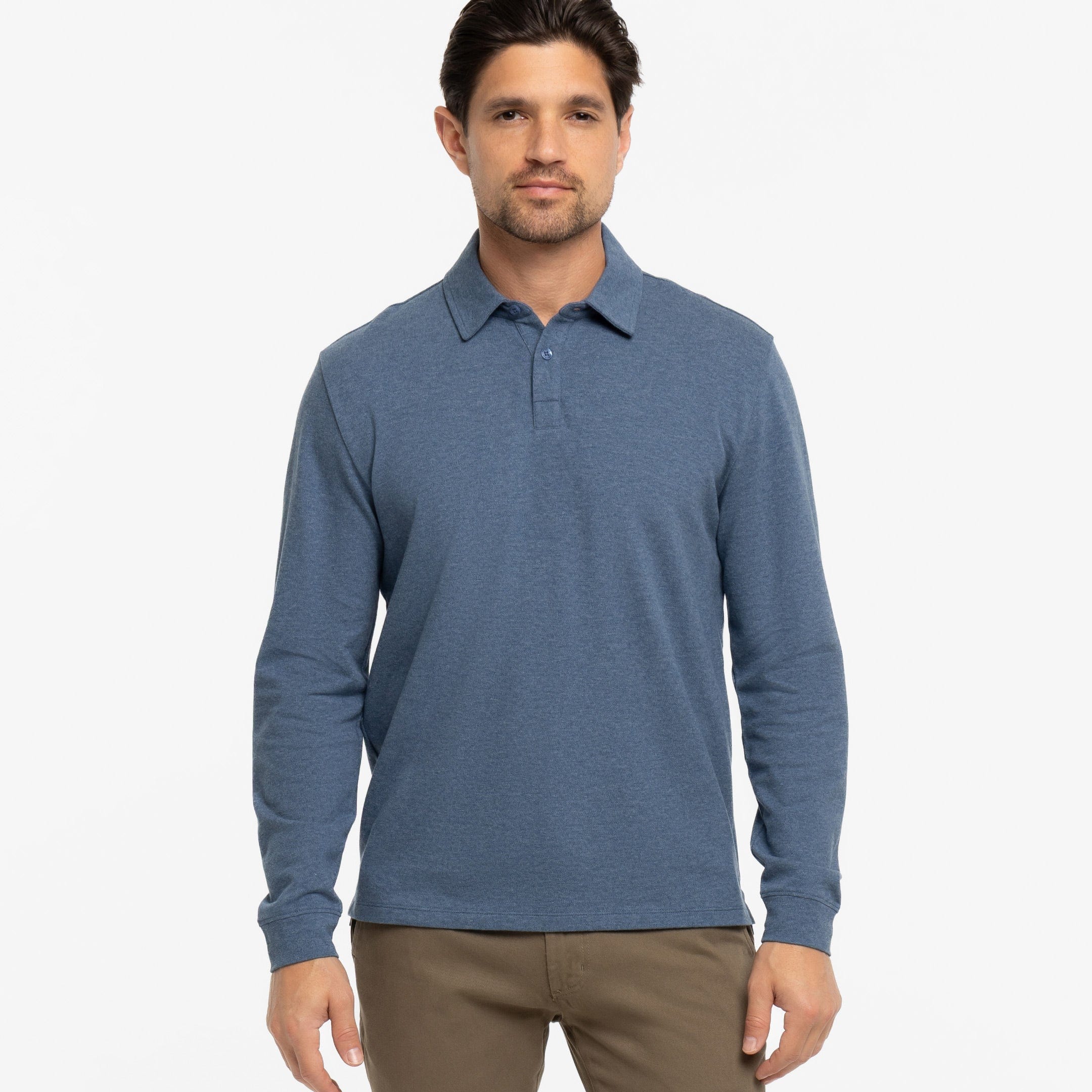 Buy Heather Blue Pique Long Sleeve Polo Shirt for Short Men | Ash & Erie Heather Blue / XS Buy Heather Blue Pique Long Sleeve Polo Shirt for Short Men | Ash & Erie Heather Blue / XS