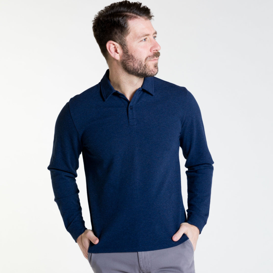 Buy Heather Navy Pique Long Sleeve Polo Shirt for Short Men | Ash & Erie   Long Sleeve Polos