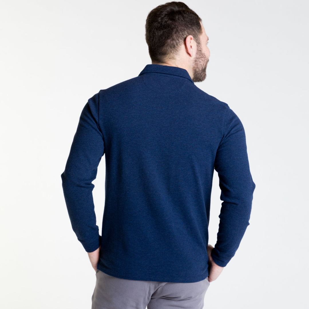 Buy Heather Navy Pique Long Sleeve Polo Shirt for Short Men | Ash & Erie   Long Sleeve Polos