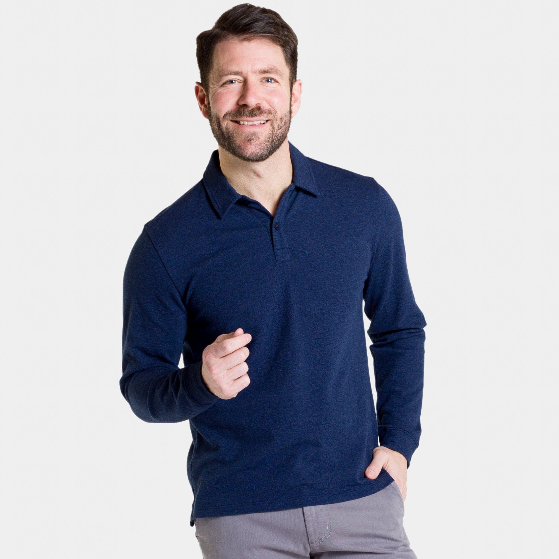 Buy Heather Navy Pique Long Sleeve Polo Shirt for Short Men | Ash & Erie Heather Navy / XL Buy Heather Navy Pique Long Sleeve Polo Shirt for Short Men | Ash & Erie Heather Navy / XL