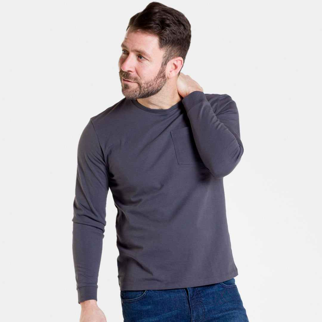 Ash & Erie Charcoal Long Sleeve Pima Cotton Crew Neck Tee for Short Men   Long Sleeve Premium Tee