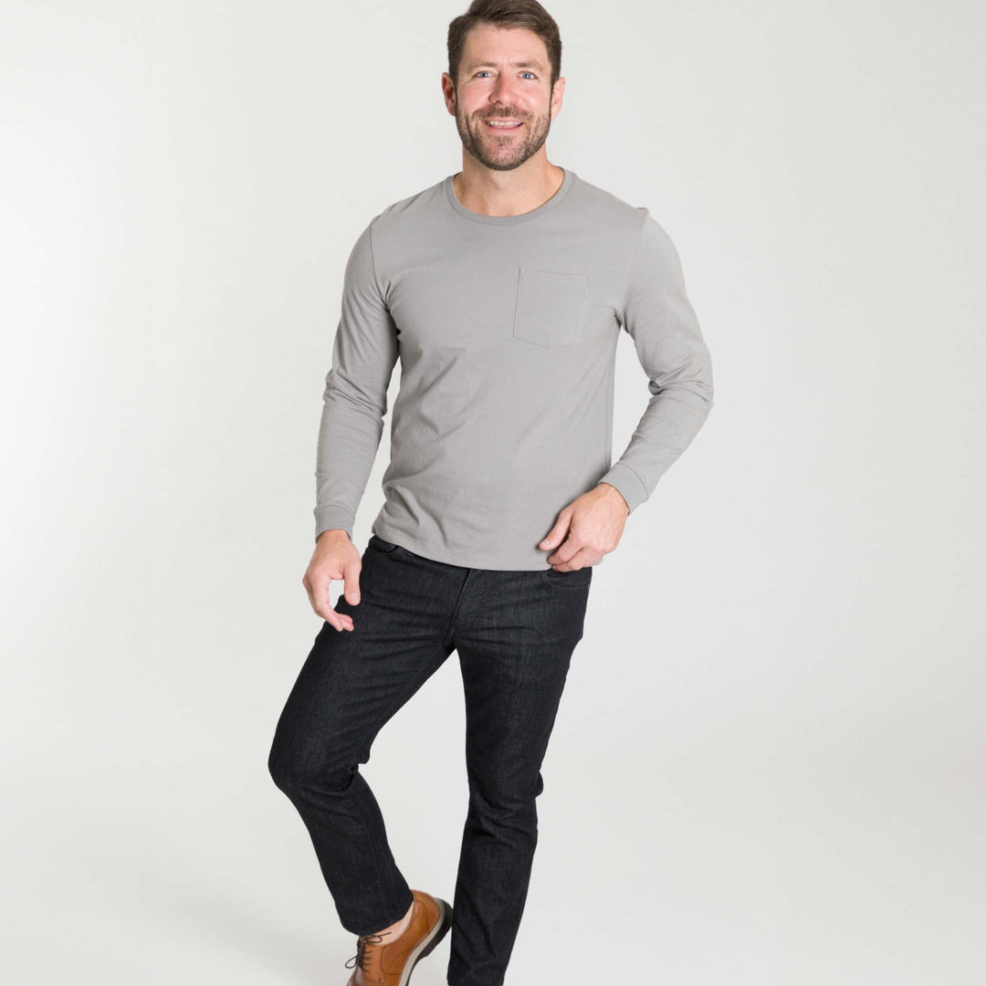 Ash & Erie Light Grey Long Sleeve Pima Cotton Crew Neck Tee for Short Men   Long Sleeve Premium Tee