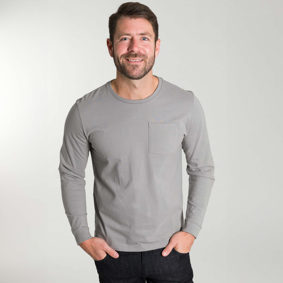 Ash & Erie Light Grey Long Sleeve Pima Cotton Crew Neck Tee for Short Men   Long Sleeve Premium Tee