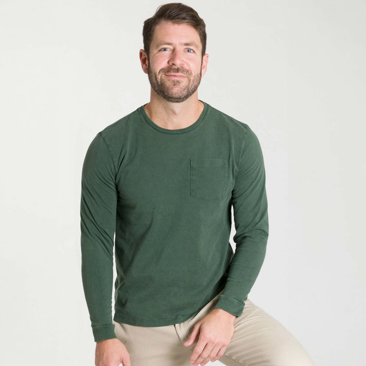 Ash & Erie Washed Green Long Sleeve Pima Cotton Crew Neck Tee for Short Men   Long Sleeve Premium Tee