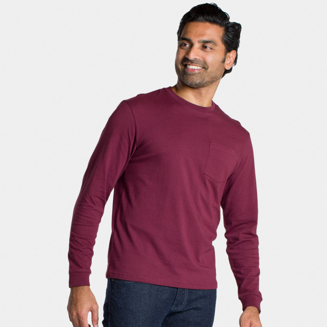 Ash & Erie Burgundy Long Sleeve Pocket Tee for Short Men   Long Sleeve Tee