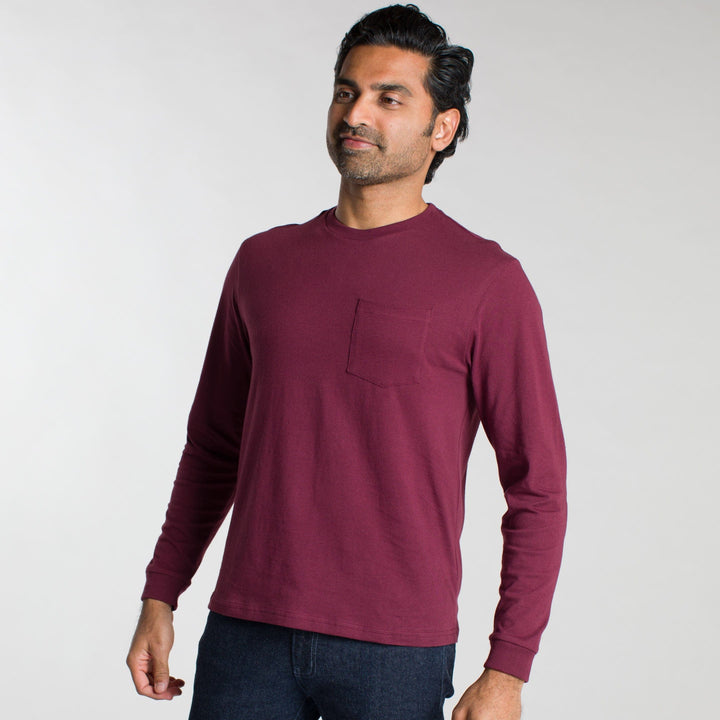 Ash & Erie Burgundy Long Sleeve Pocket Tee for Short Men   Long Sleeve Tee