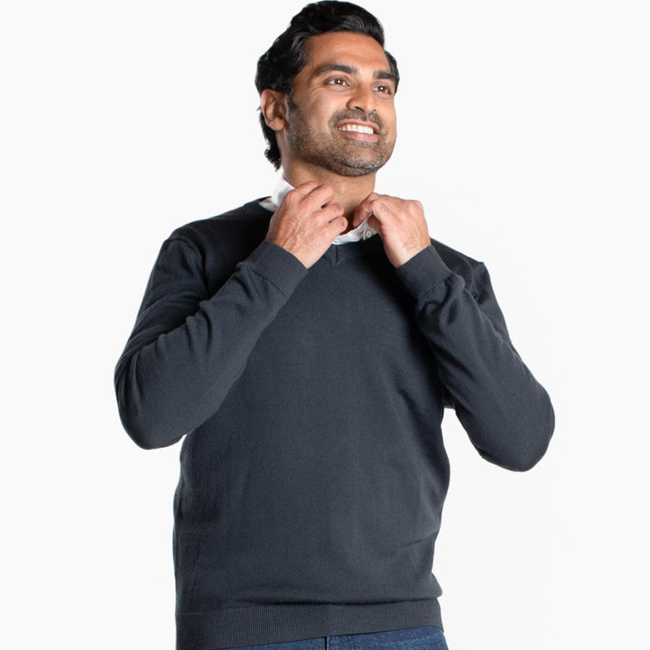 Buy Charcoal Merino V-Neck Sweater for Short Men | Ash & Erie   Merino Wool Sweater