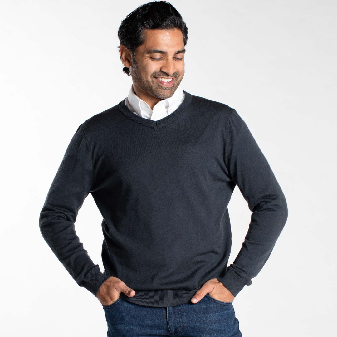 Buy Charcoal Merino V-Neck Sweater for Short Men | Ash & Erie   Merino Wool Sweater