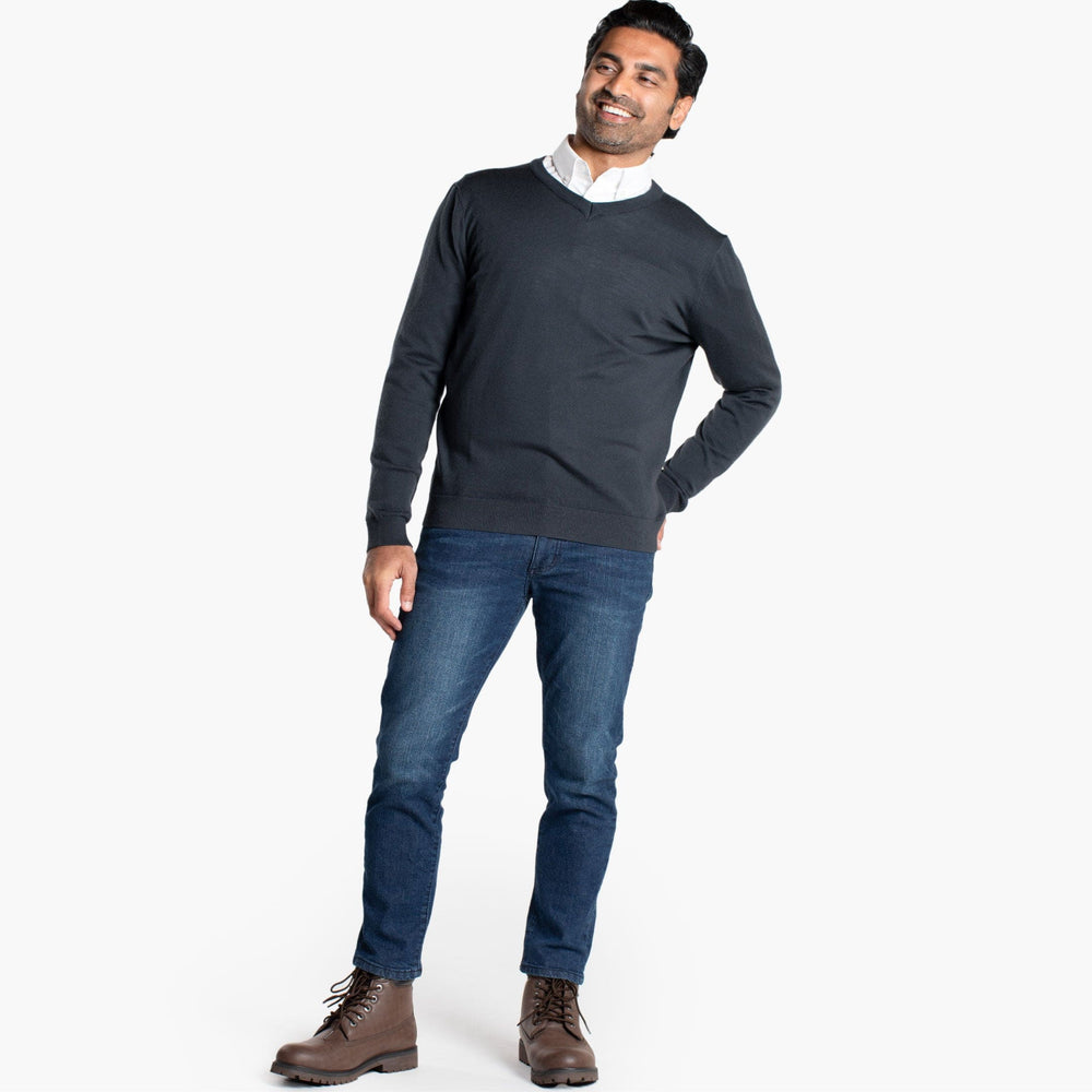 Buy Charcoal Merino V-Neck Sweater for Short Men | Ash & Erie   Merino Wool Sweater