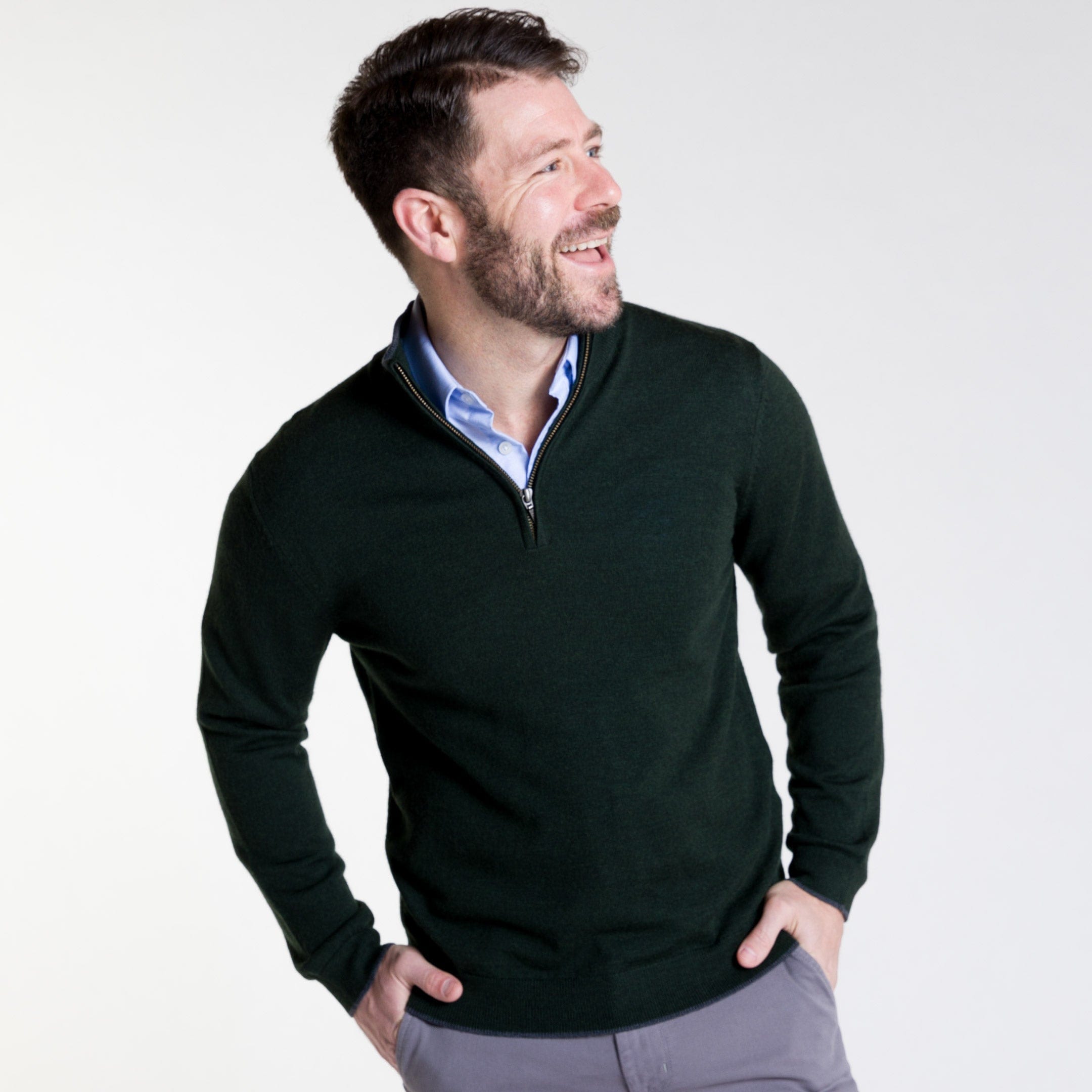 Ash & Erie Dark Green Merino Quarter-Zip Sweater for Short Men