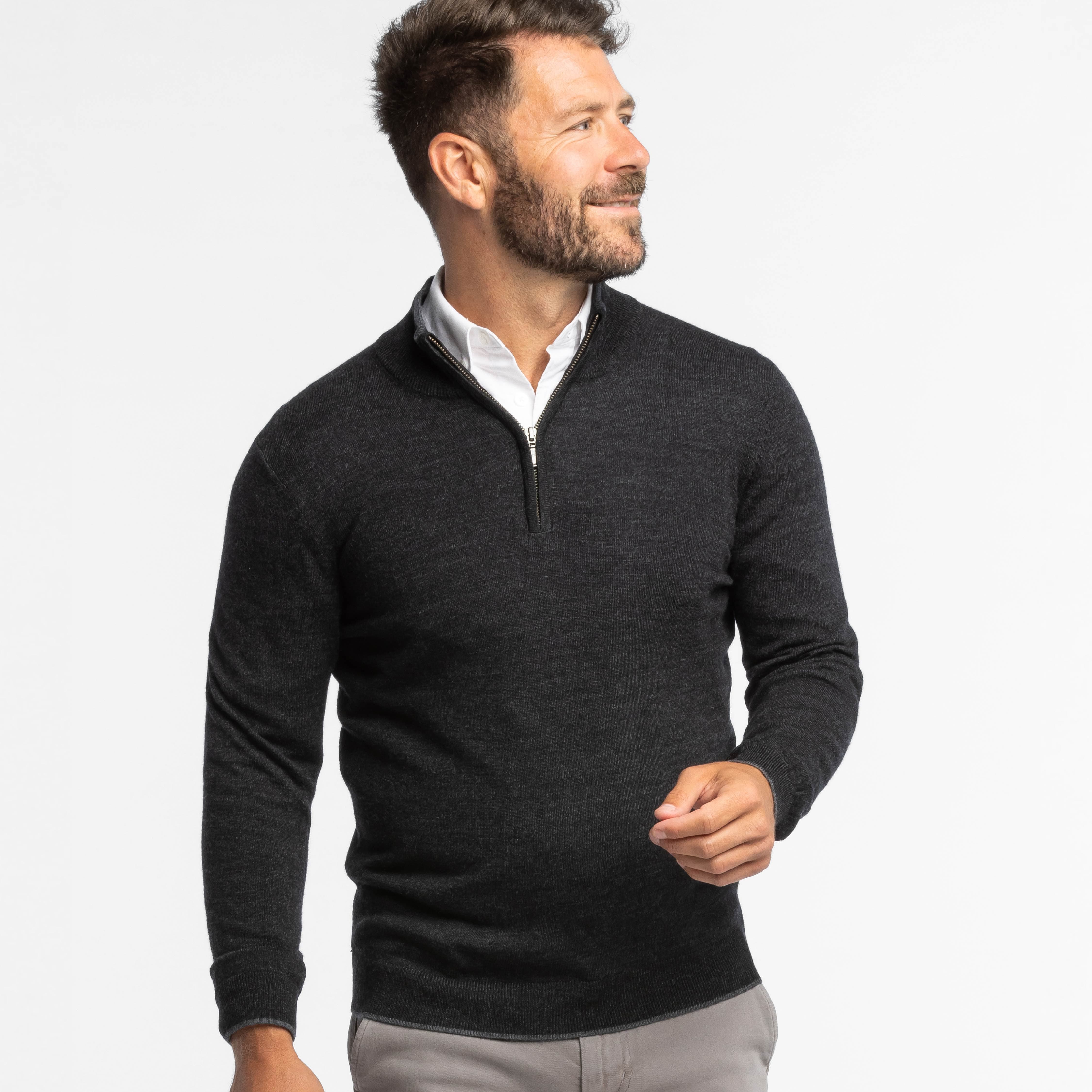quarter zip sweater with dress shirt One of the best parts about the temperatures dropping is layering season! Check out this quarter zip sweater from @menswearhouse styled three different ways, all office-ready! , The first is the most