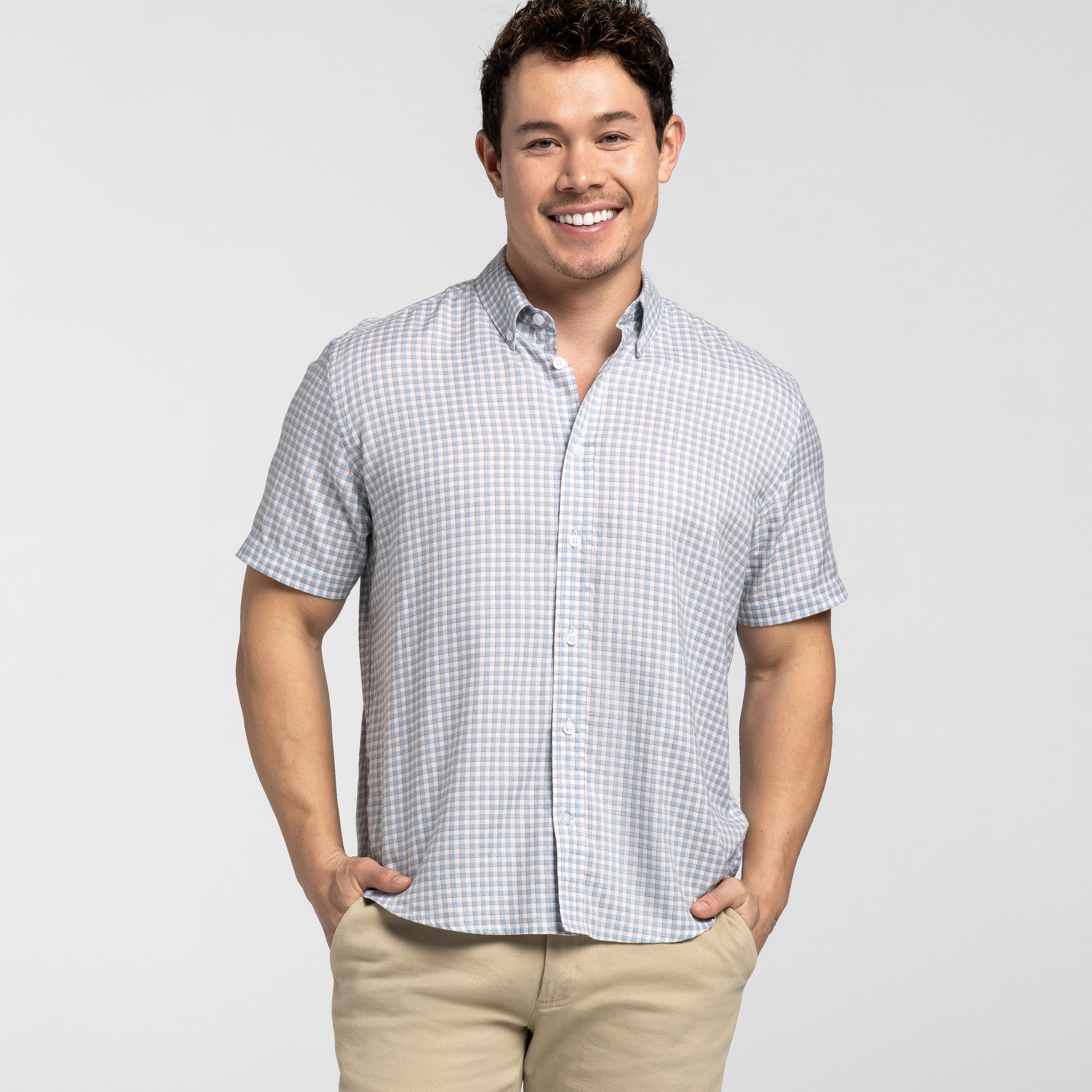 Ash & Erie Blue Cedar Plaid Short Sleeve Shirt for Short Men