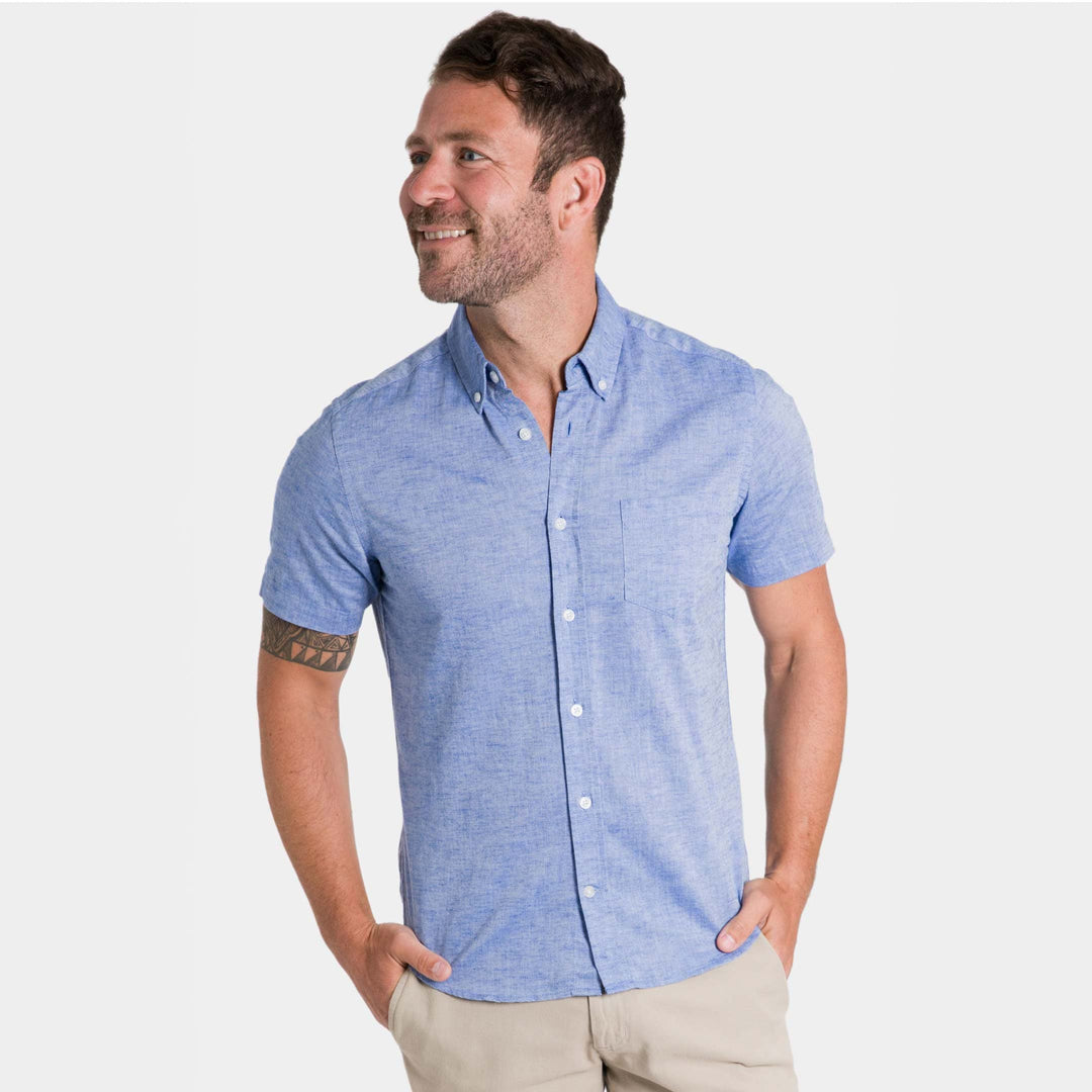 Ash & Erie Blue Linen Short Sleeve Shirt for Short Men   Short Sleeve Everyday Shirts