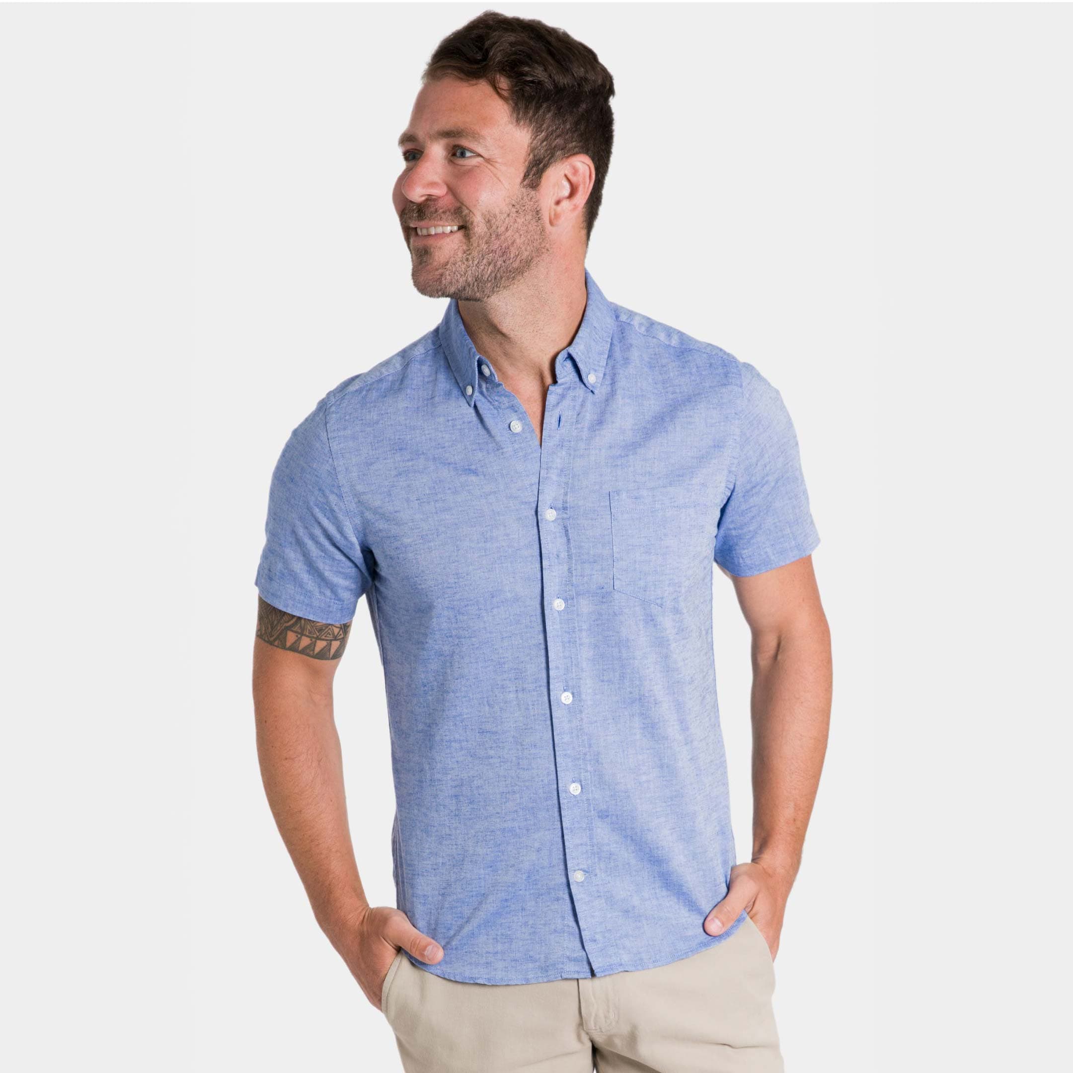 Ash & Erie Blue Linen Short Sleeve Shirt for Short Men Blue Linen / XL / Standard Ash & Erie Blue Linen Short Sleeve Shirt for Short Men Blue Linen / XL / Standard