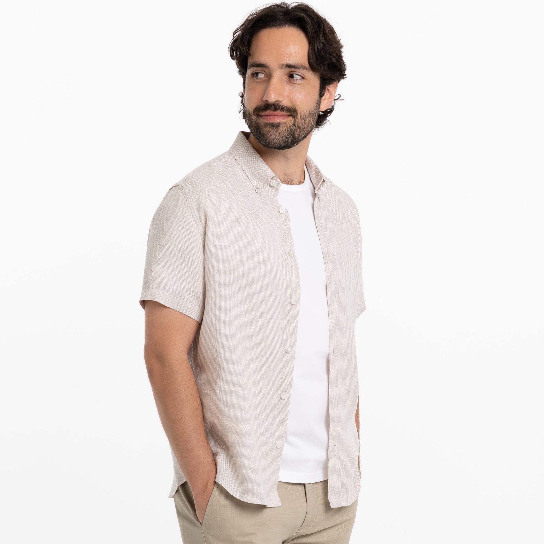 Ash & Erie Khaki Plaid Linen Short Sleeve Shirt for Short Men Khaki Plaid Linen / M / Slim