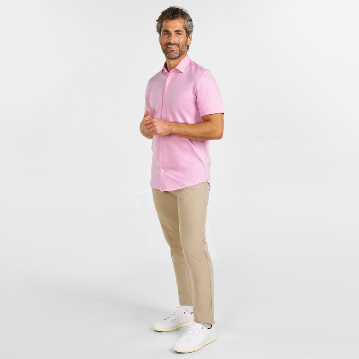 Ash & Erie Pink Melange Short Sleeve Performance Stretch Shirt for Short Men   Short Sleeve Everyday Shirts