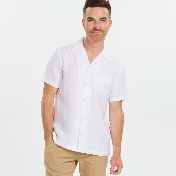 Ash & Erie White Linen Camp Collar Short Sleeve Shirt for Short Men   Short Sleeve Everyday Shirts