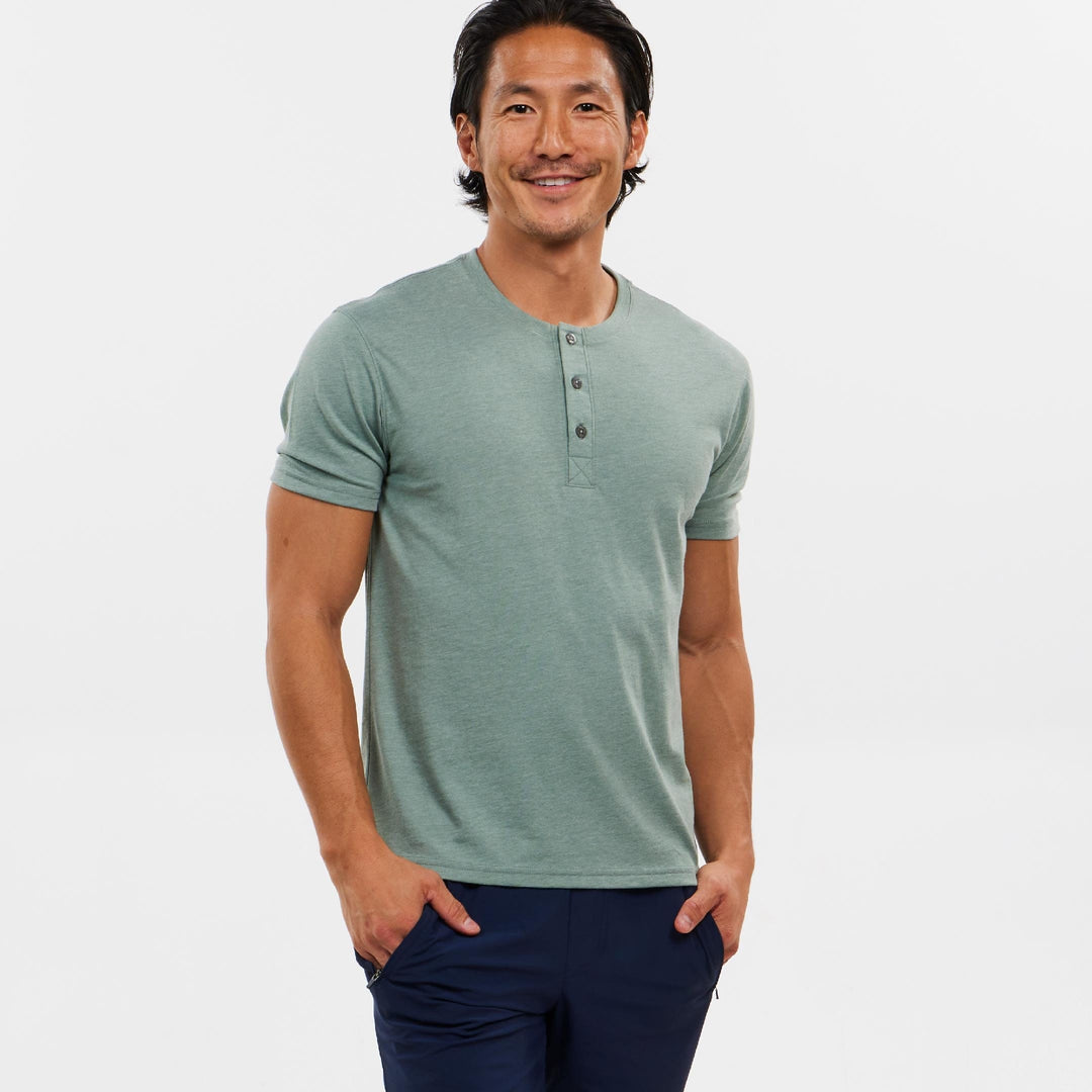 Ash & Erie Lightweight Heathered Sage Short Sleeve Henley for Short Men   Short Sleeve Henley
