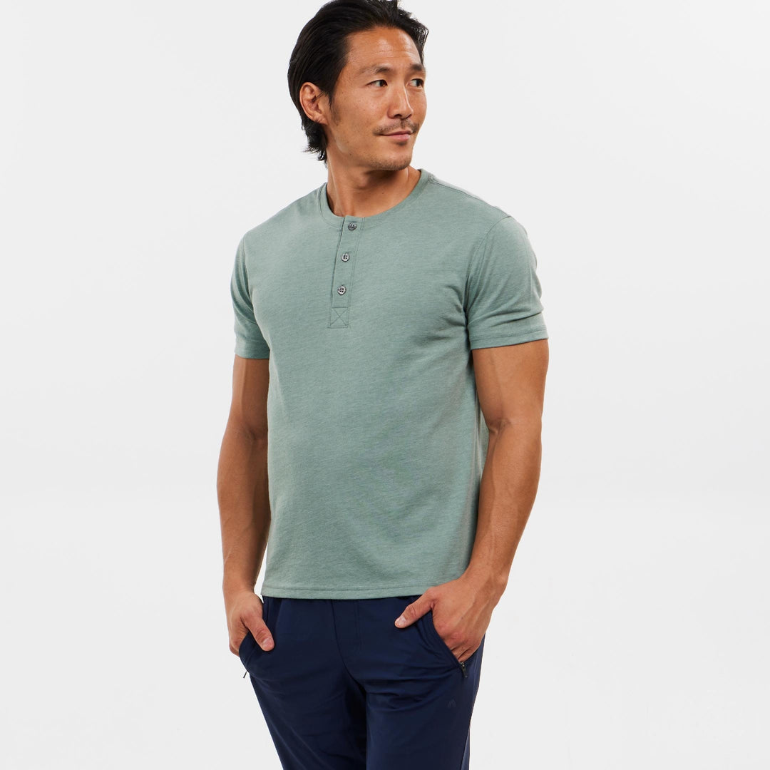 Ash & Erie Lightweight Heathered Sage Short Sleeve Henley for Short Men   Short Sleeve Henley