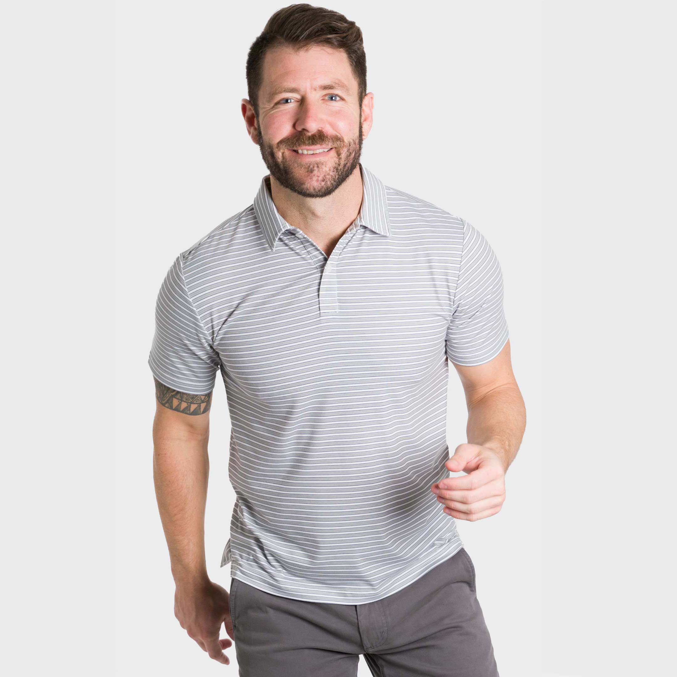 Ash & Erie Grey Stripes Tech Polo Shirt for Short Men Grey Stripes / XL Ash & Erie Grey Stripes Tech Polo Shirt for Short Men Grey Stripes / XL