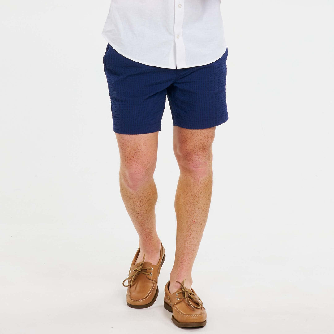 Ash & Erie Blue Seersucker Deck Shorts for Short Men   Walking Shorts