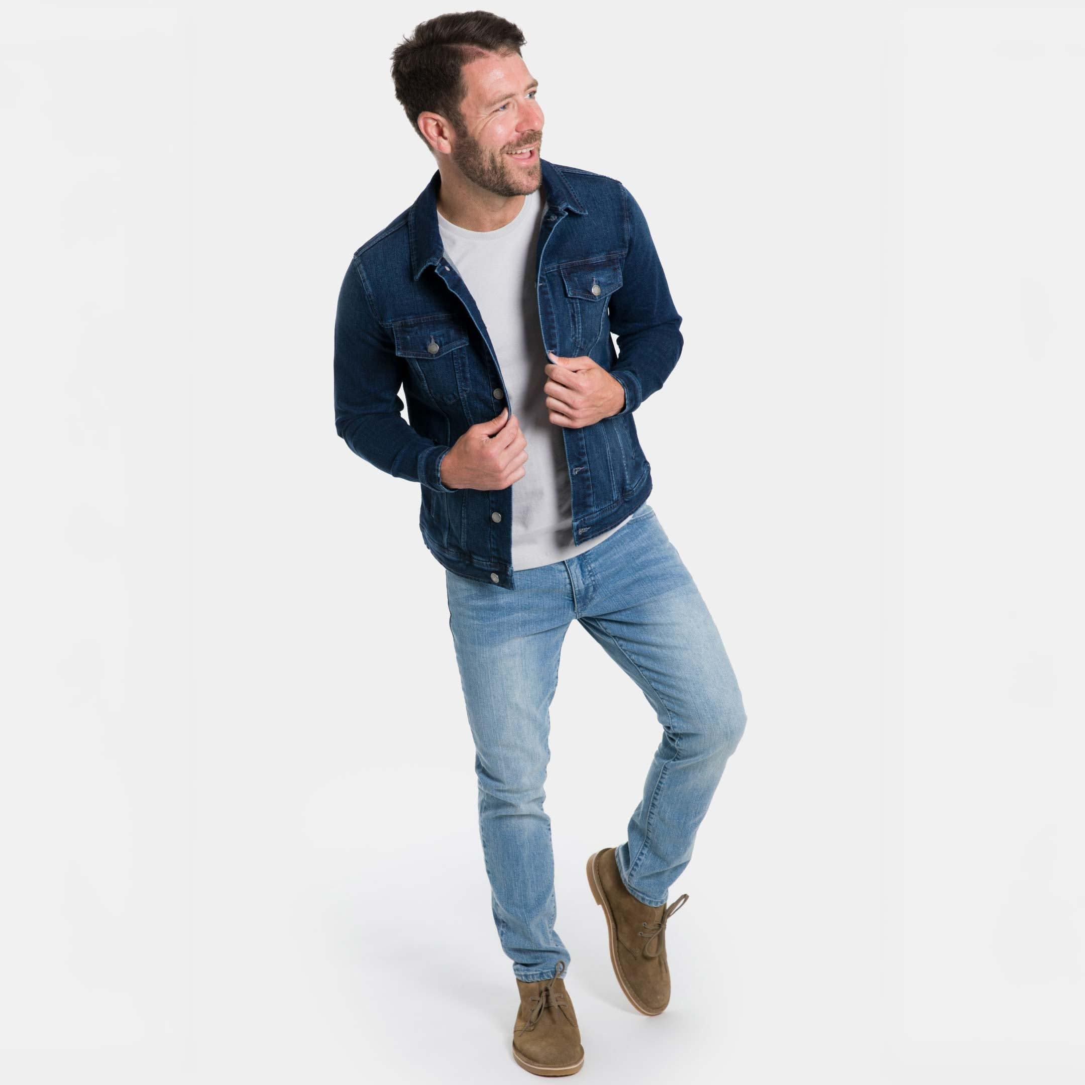 Mens denim jacket with shorts best sale