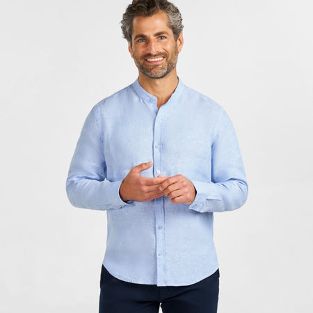 Ash & Erie Blue Linen Band Collar Shirt for Short Men Blue Linen / XXL / Standard