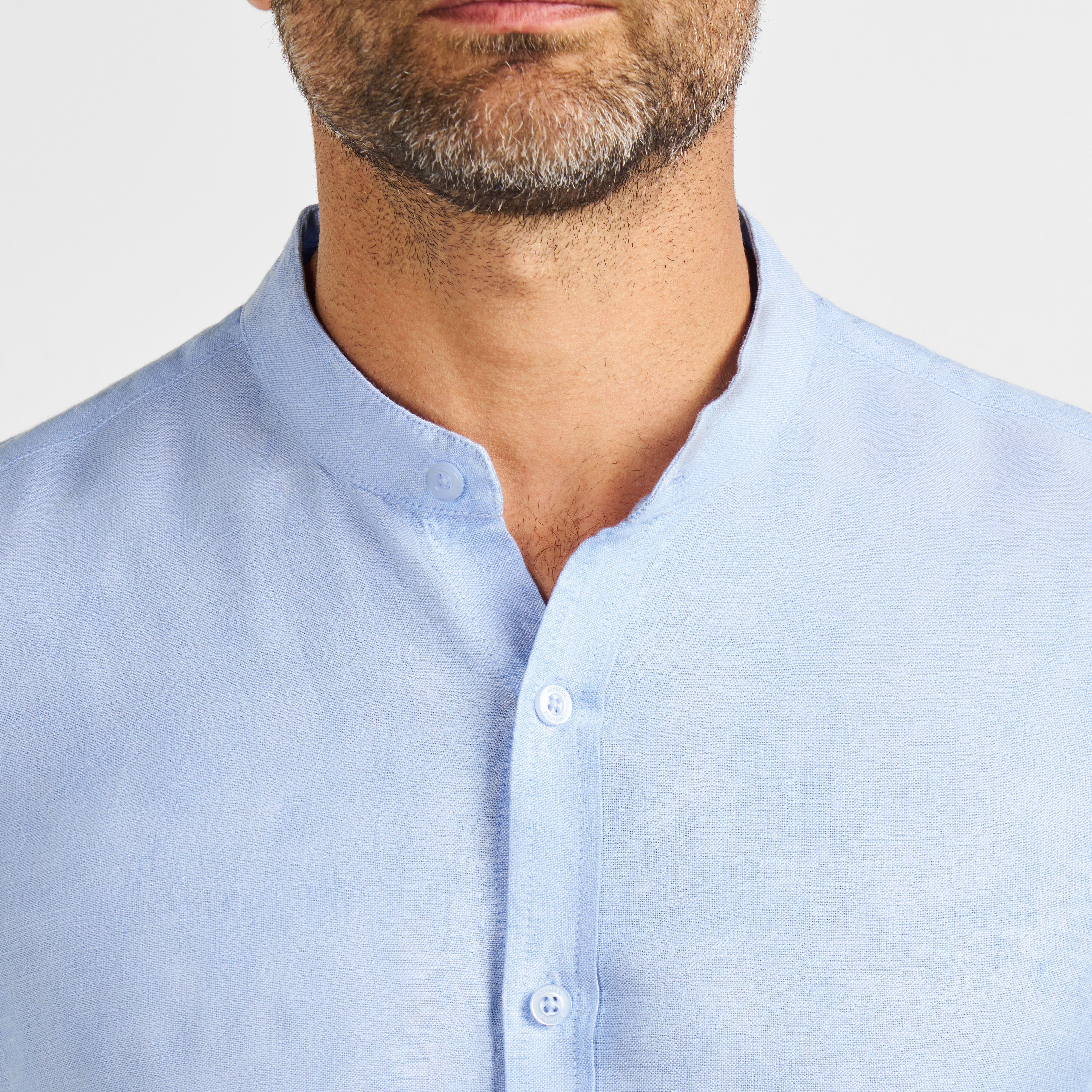 Ash & Erie Blue Linen Band Collar Shirt for Short Men Blue Linen / XXL / Standard Ash & Erie Blue Linen Band Collar Shirt for Short Men Blue Linen / XXL / Standard