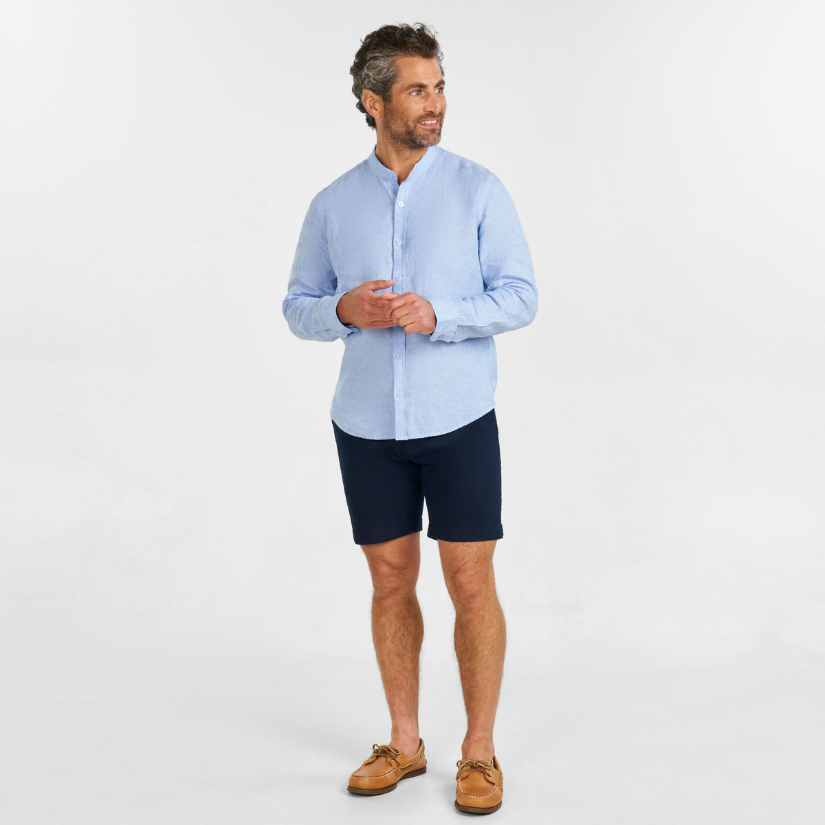 Ash & Erie Blue Linen Band Collar Shirt for Short Men