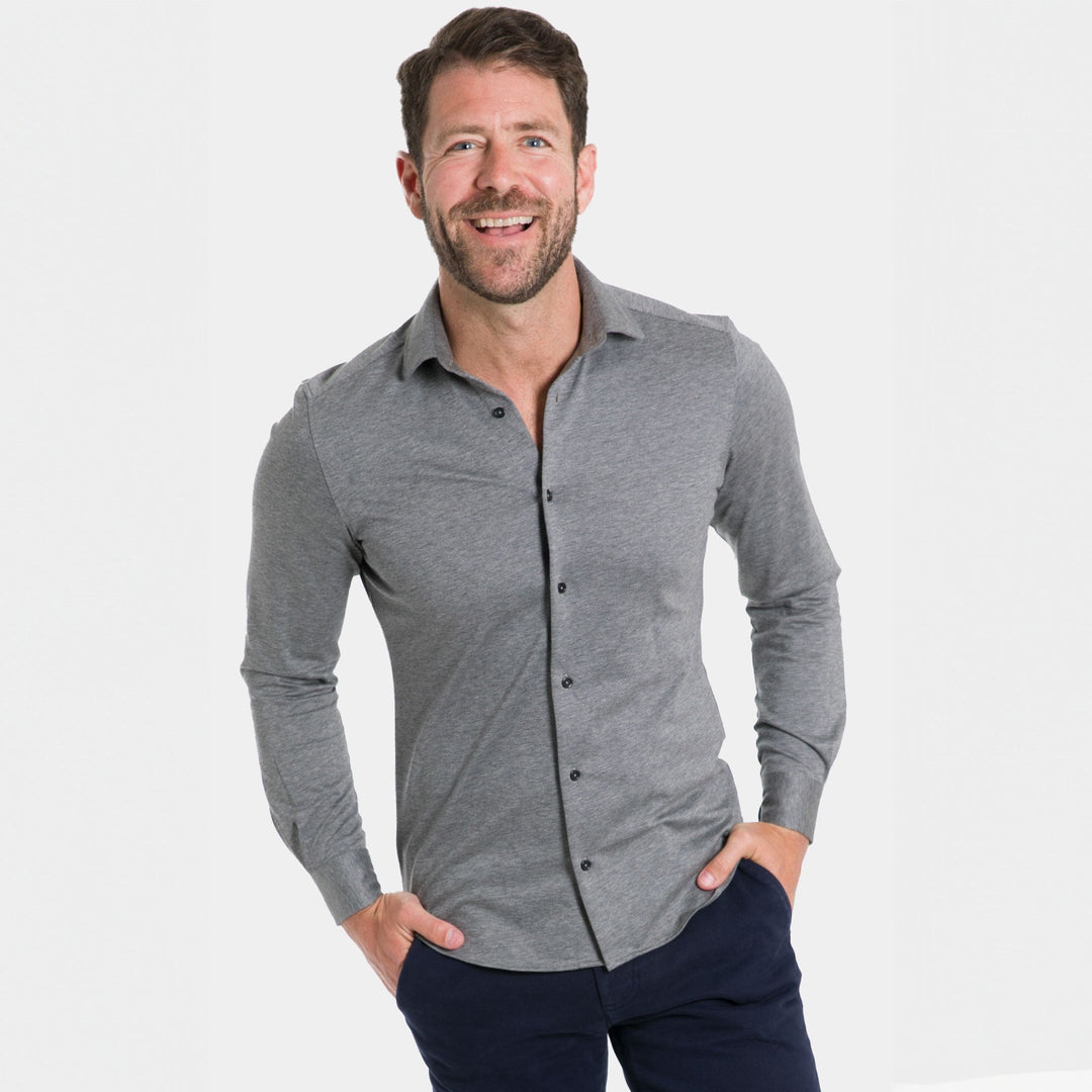 charcoal grey dress shirt Ash & Erie Charcoal Melange Natural Performance Stretch Shirt for Short Men Charcoal / XS / Slim