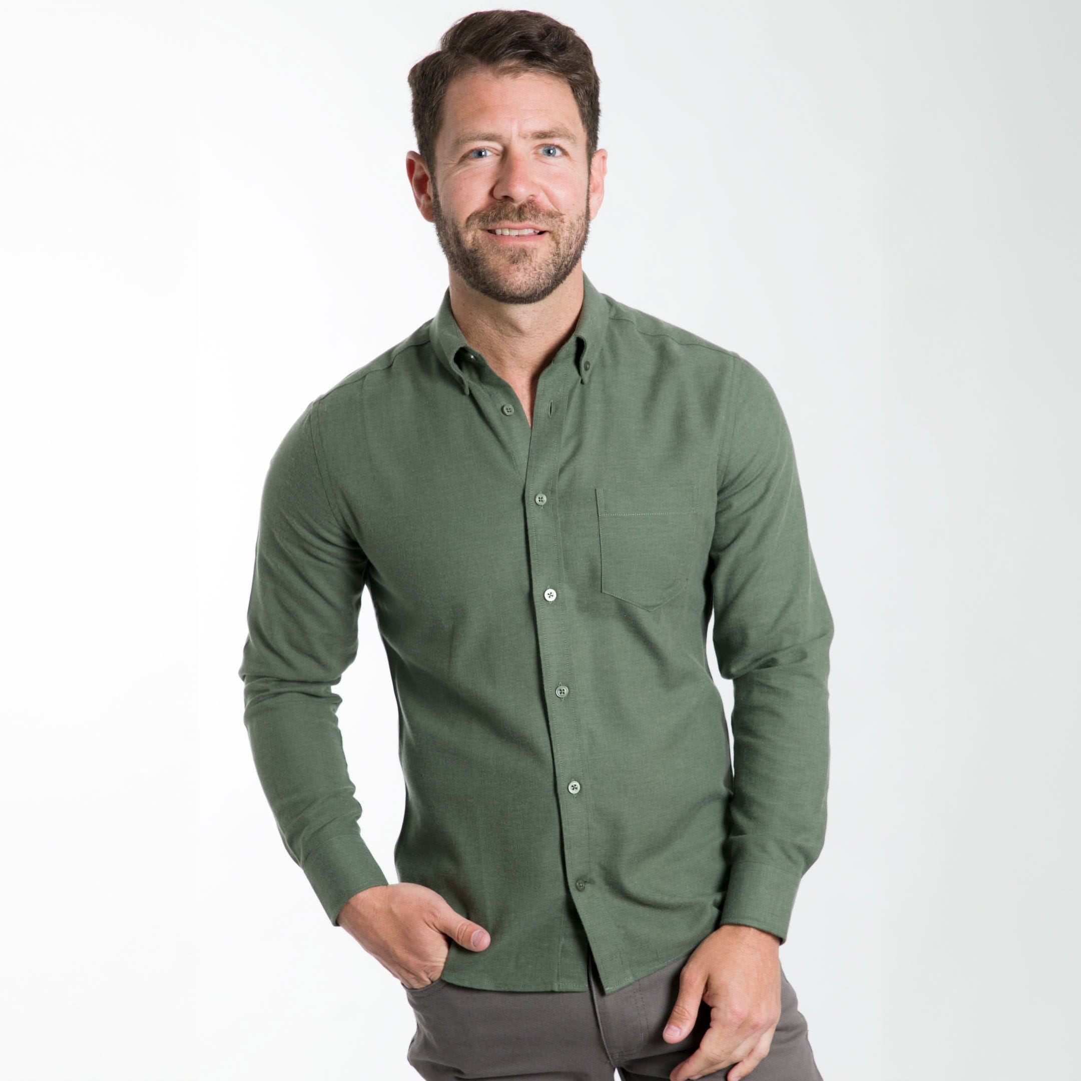 Ash & Erie Elm Green Brushed Button-Down Shirt for Short Men