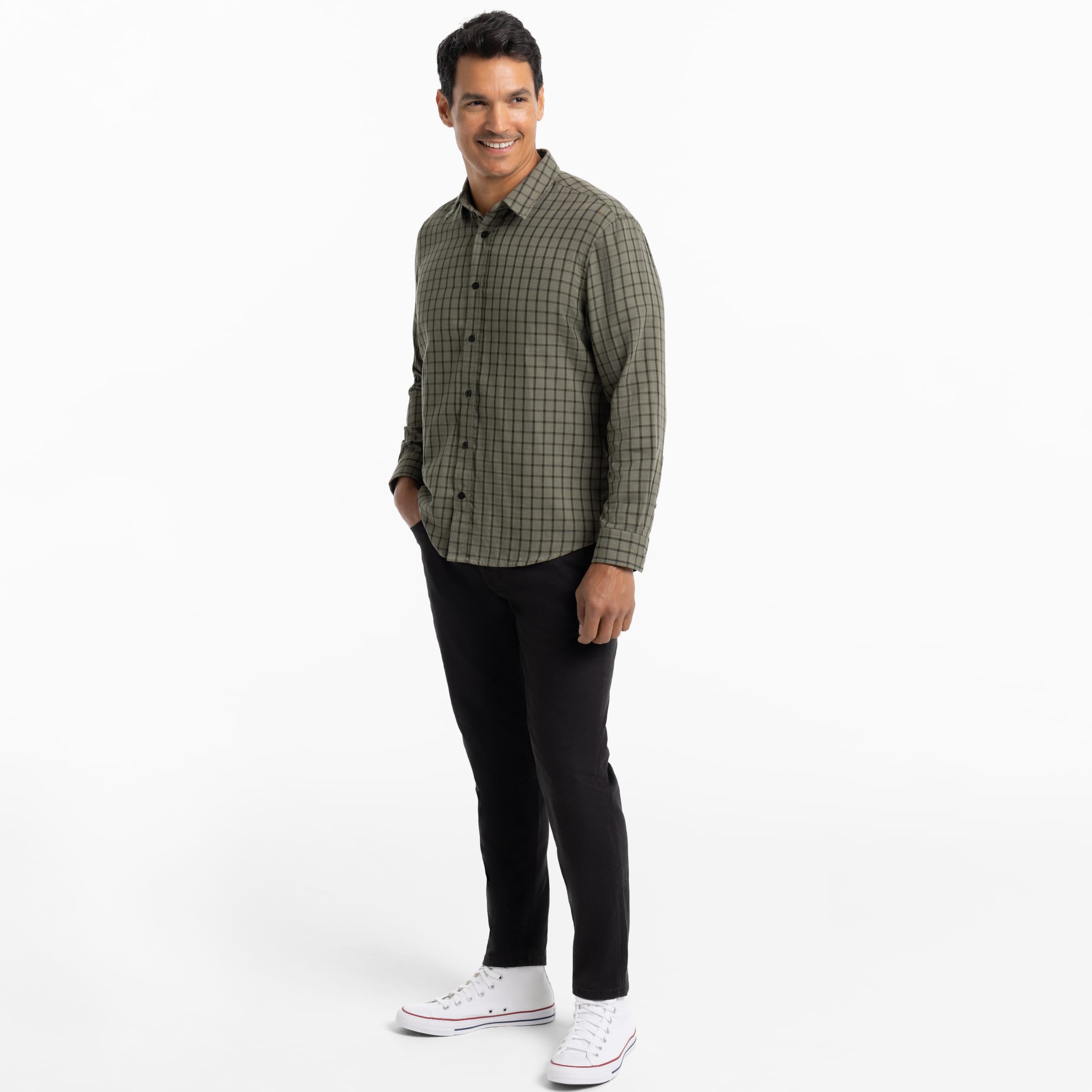 windowpane dress shirt Ash & Erie Green Windowpane Wrinkle-Free Button-Down Shirt for Short Men