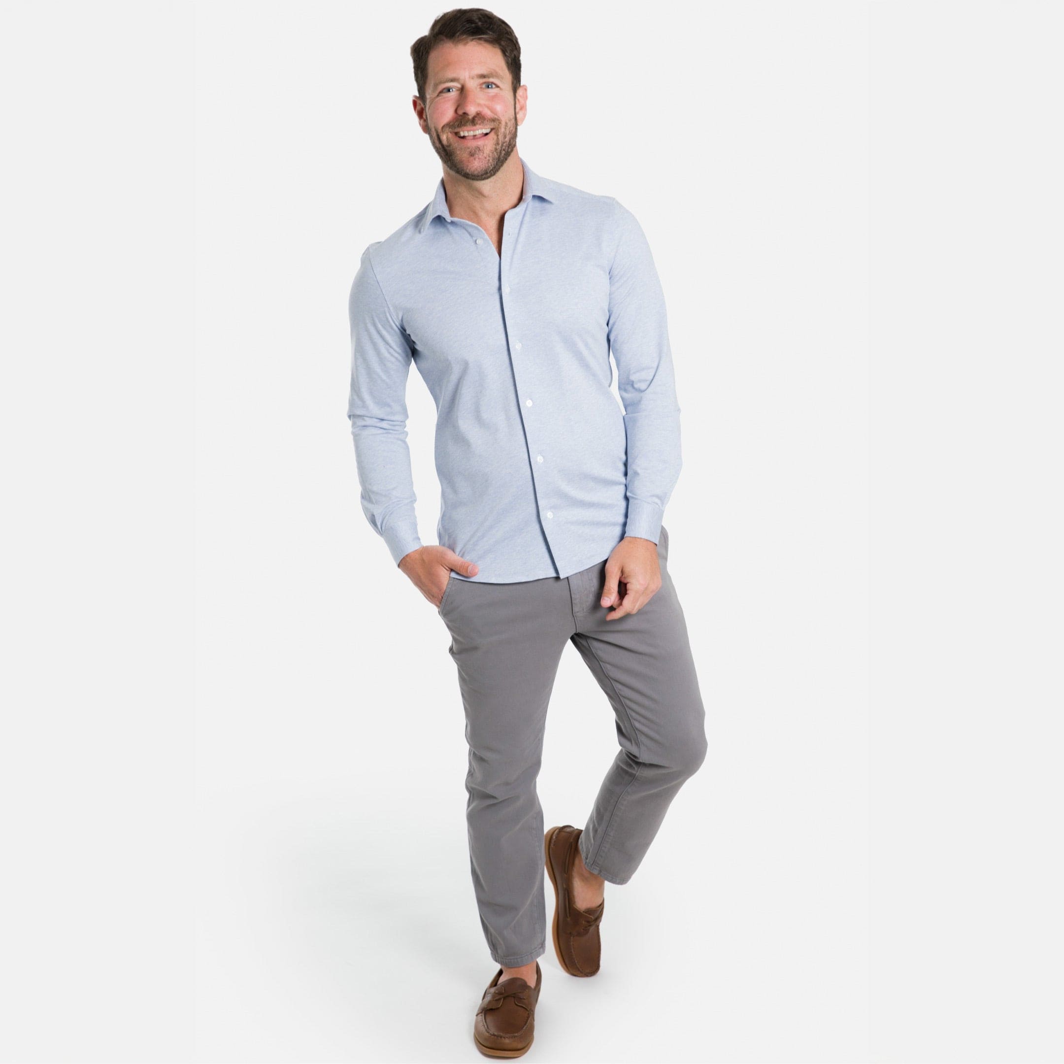 pale blue dress shirt Ash & Erie Light Blue Melange Natural Performance Stretch Shirt for Short Men Light Blue / S / Standard