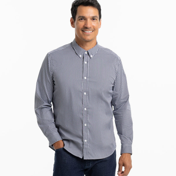 Ash & Erie Navy Gingham Wrinkle-Free Button-Down Shirt for Short Men