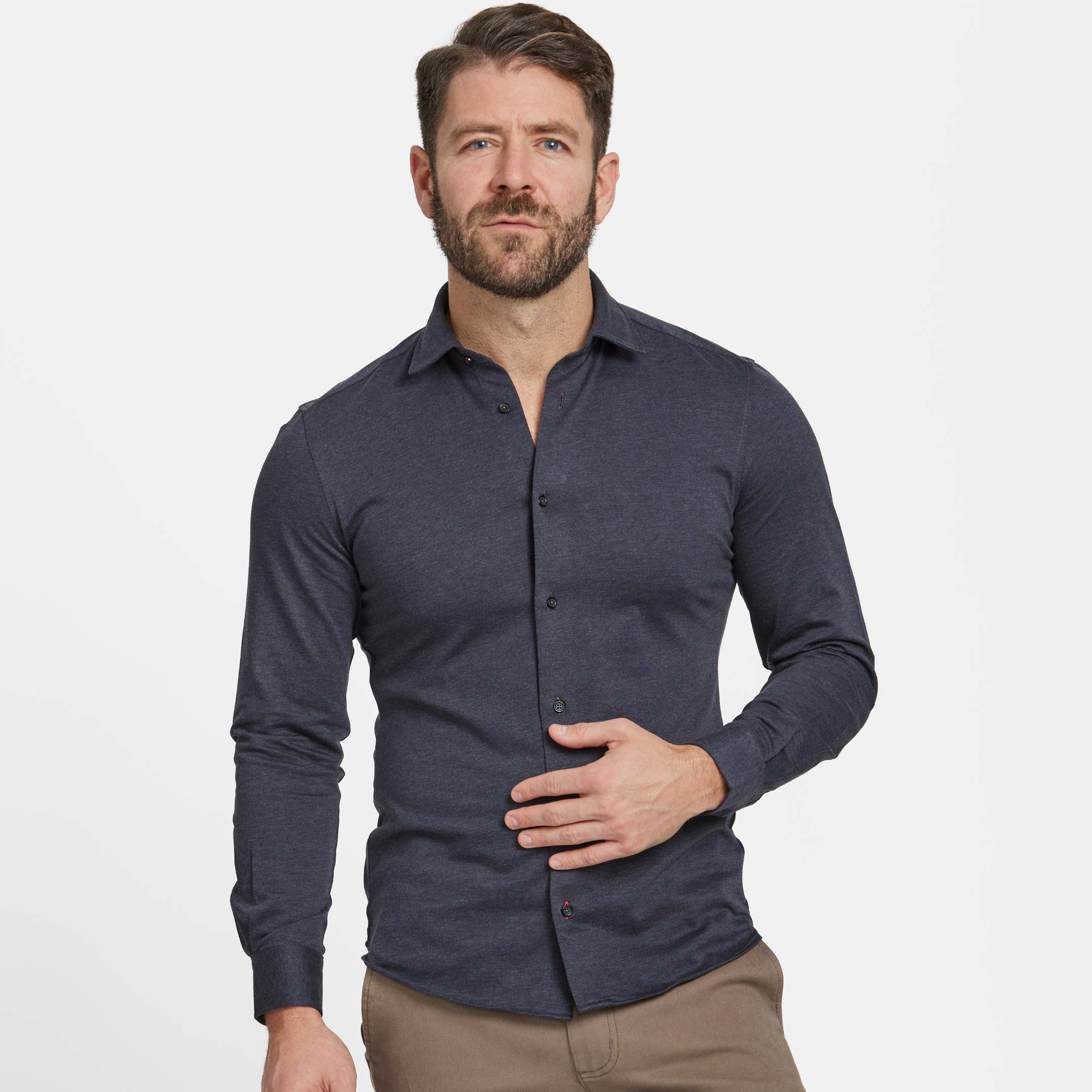 Ash & Erie Navy Mélange Performance Stretch Shirt for Short Men   Everyday Shirts