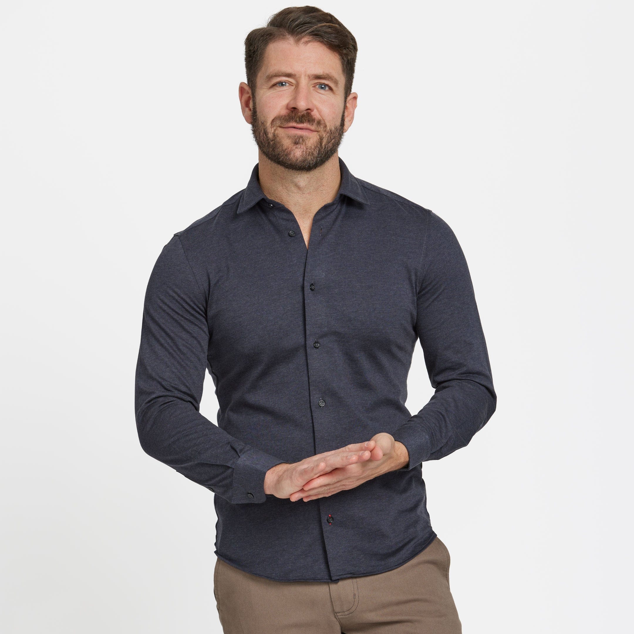 Ash & Erie Navy Mélange Performance Stretch Shirt for Short Men   Everyday Shirts