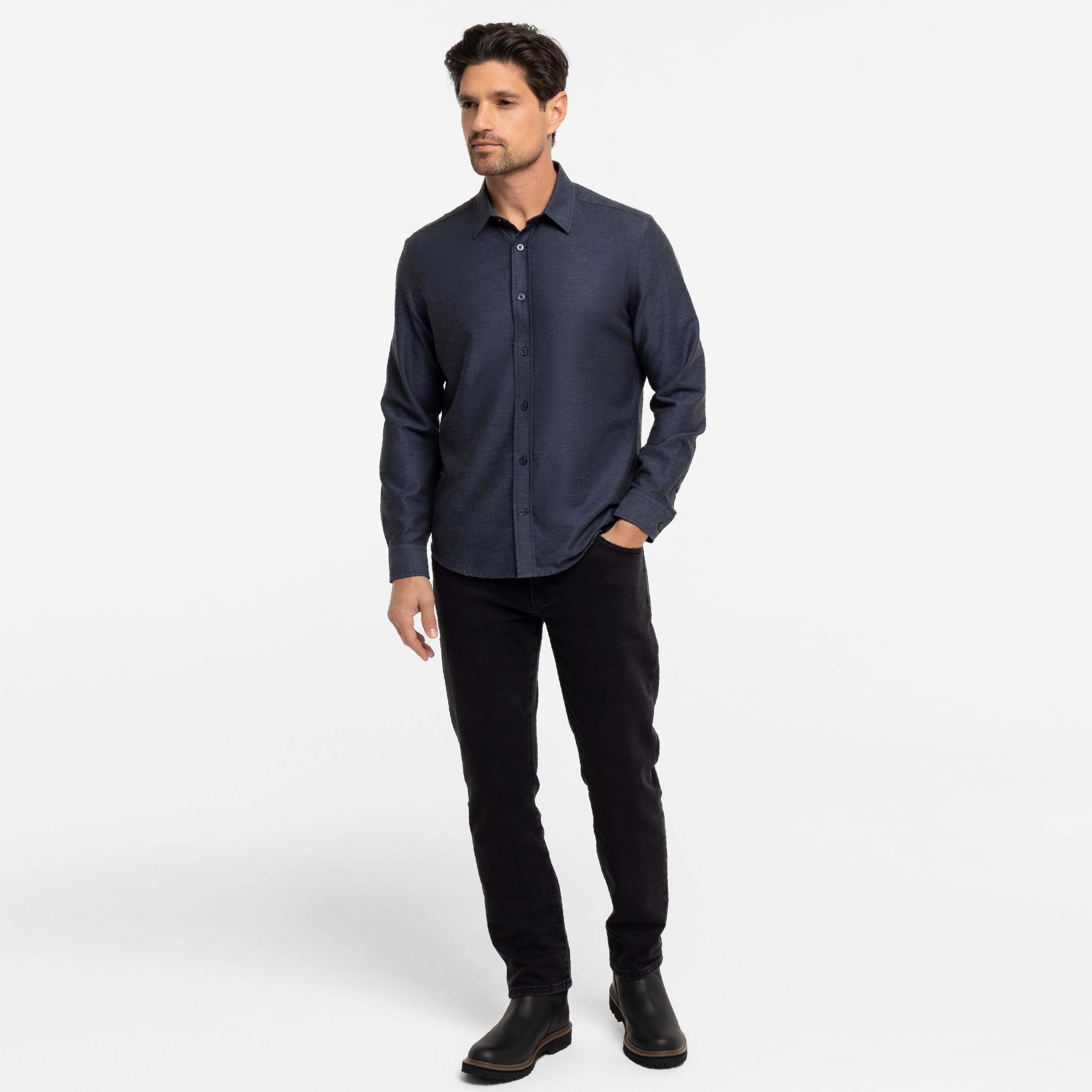 Ash & Erie Navy Twill Brushed Button-Down Shirt for Short Men