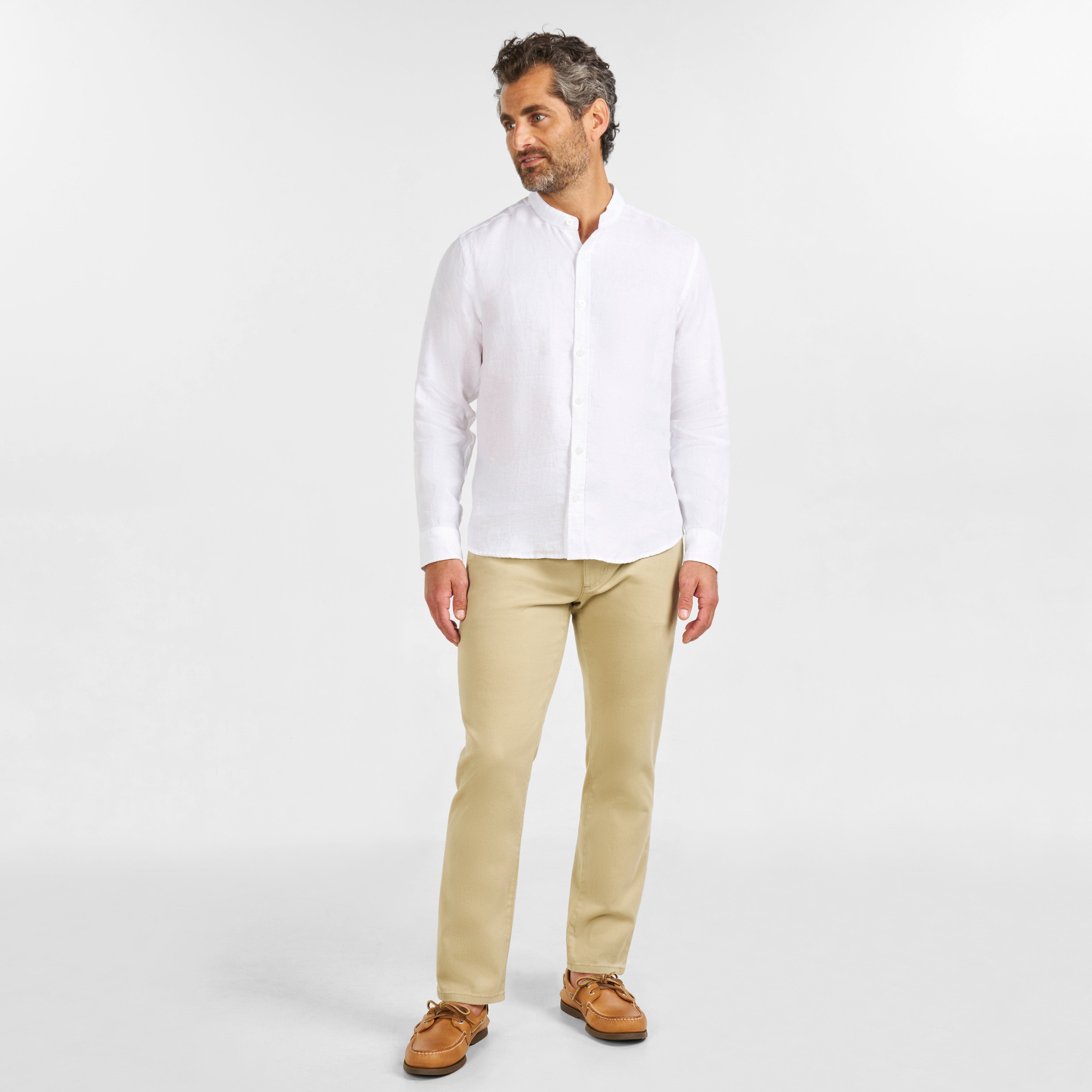 Ash & Erie White Linen Band Collar Shirt for Short Men White Linen / XL / Standard Ash & Erie White Linen Band Collar Shirt for Short Men White Linen / XL / Standard