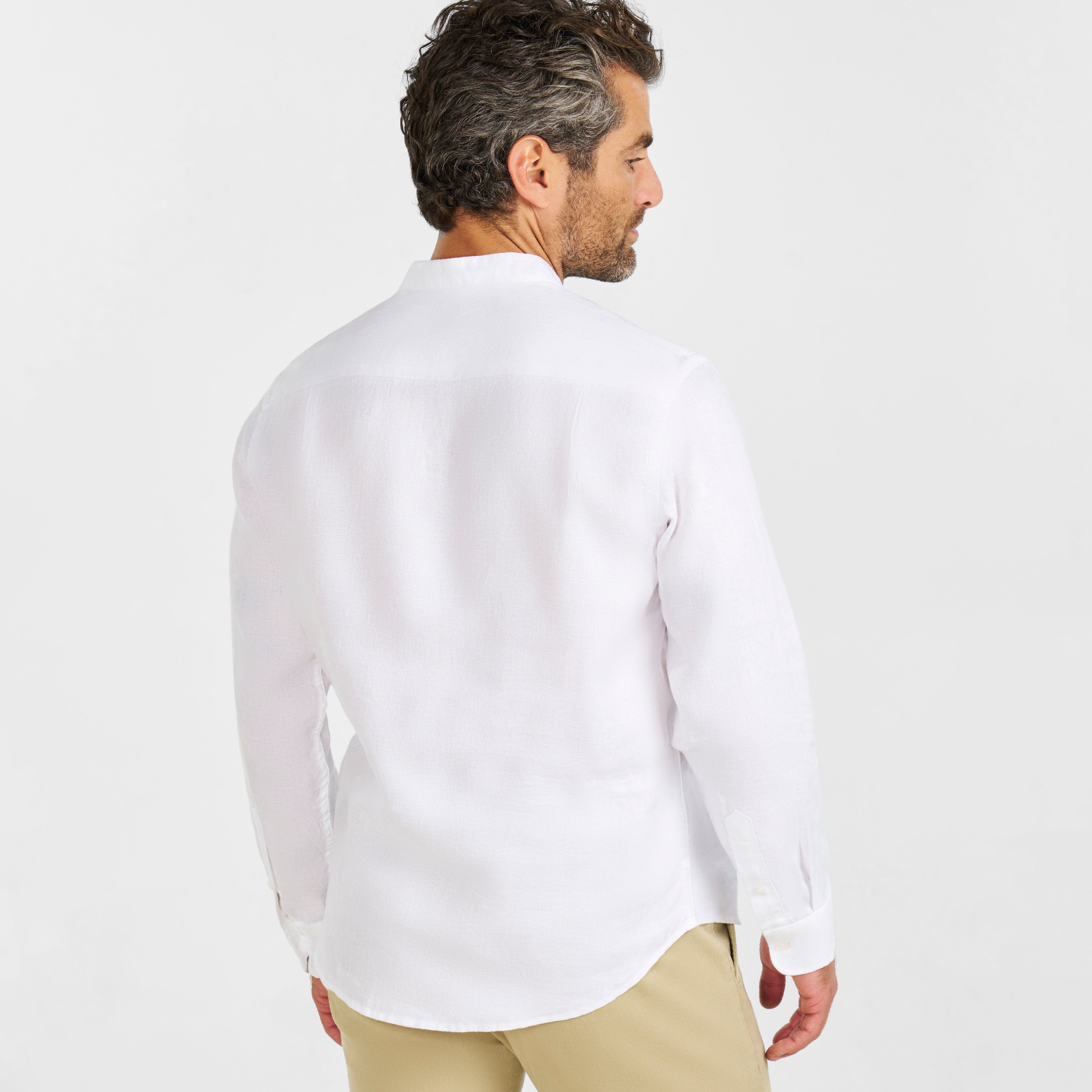 Ash & Erie White Linen Band Collar Shirt for Short Men