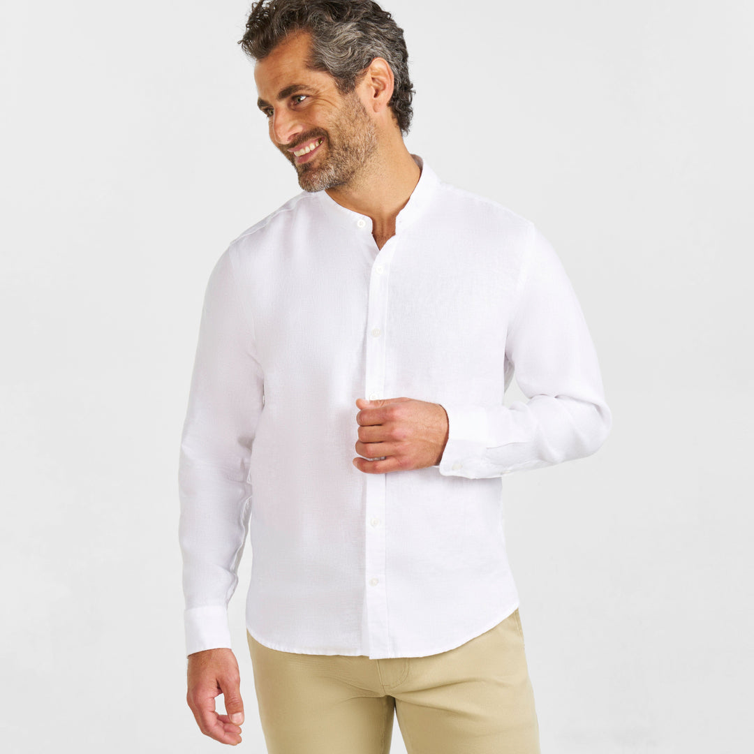 Ash & Erie White Linen Band Collar Shirt for Short Men White Linen / S / Standard Ash & Erie White Linen Band Collar Shirt for Short Men White Linen / S / Standard
