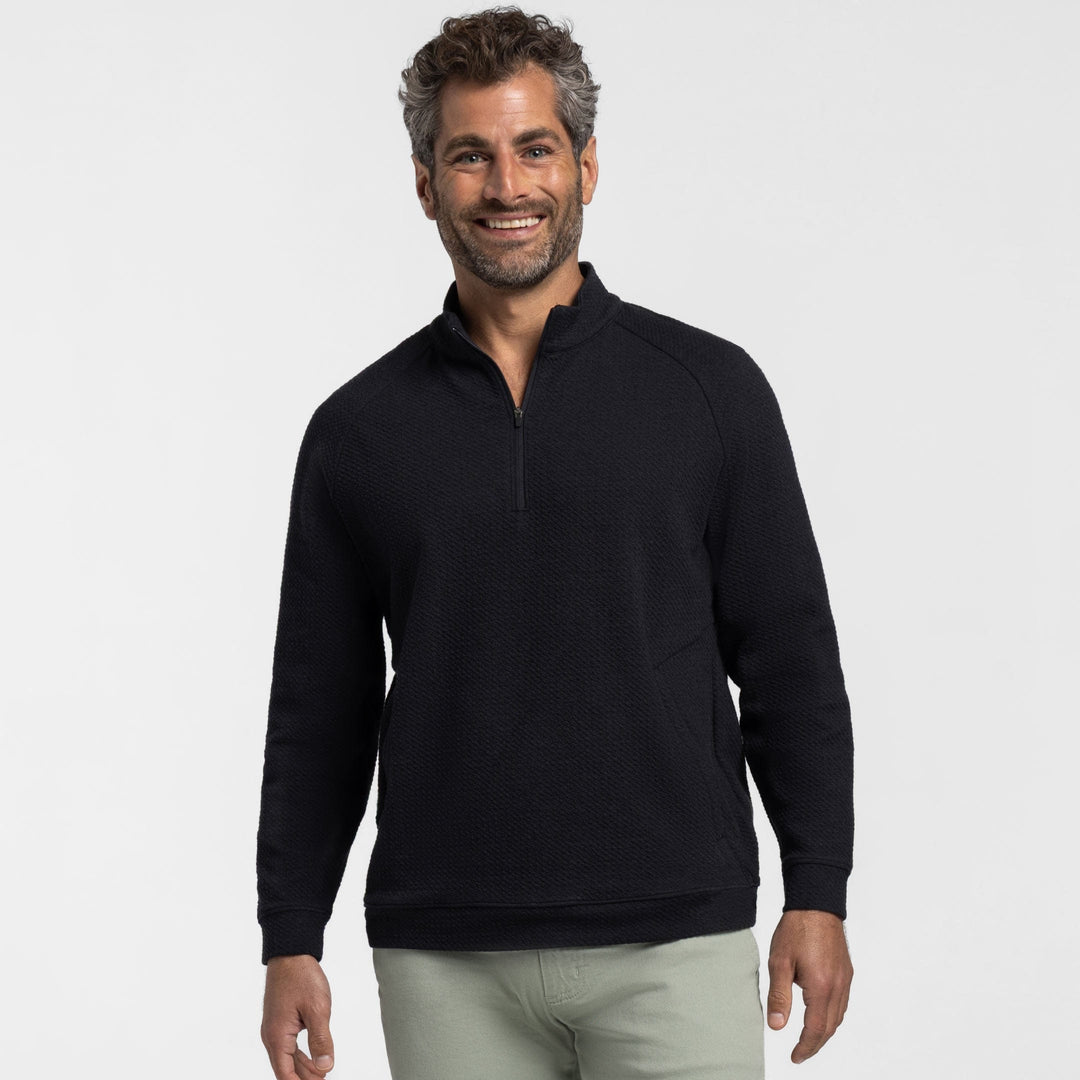 Ash & Erie Black Textured Hybrid Quarter-Zip for Short Men   Hybrid Quarter-Zip