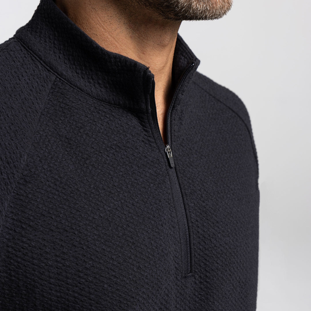 Ash & Erie Black Textured Hybrid Quarter-Zip for Short Men   Hybrid Quarter-Zip