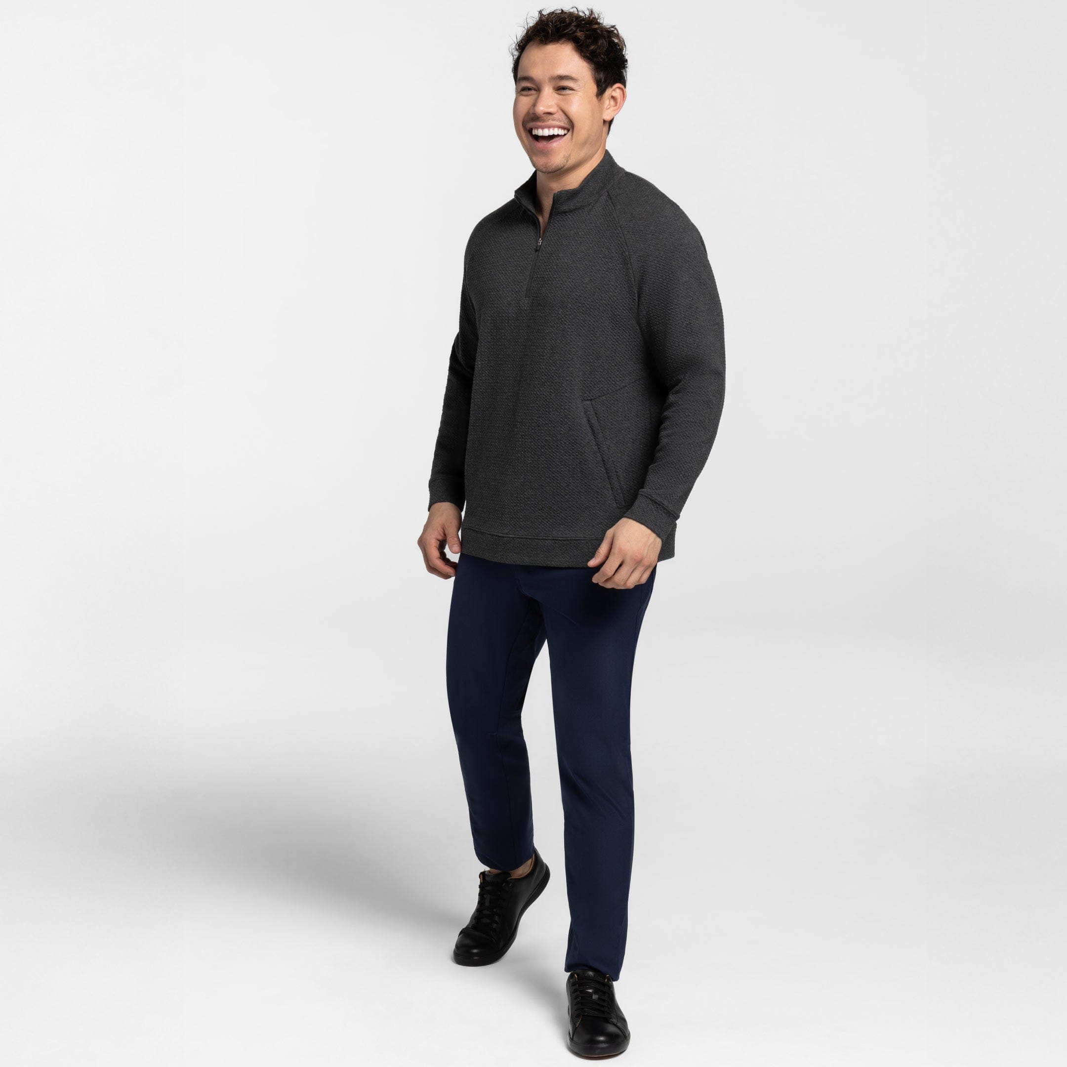 Ash & Erie Charcoal Textured Hybrid Quarter-Zip for Short Men